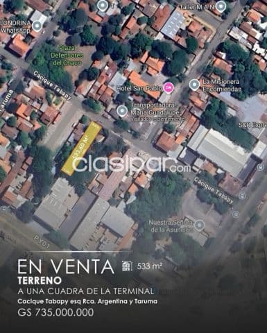 En venta terreno de 533m2 zona Terminal de Asuncion