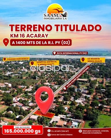 Terreno en venta de 504m2 en el km 16 acaray minga guazú, foto 1