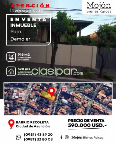 En venta inmueble en el barrio la Recoleta de la ciudad de Asunción