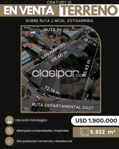 En venta terreno de 5.922 m2 sobre ruta 2 en centro de San Lorenzo