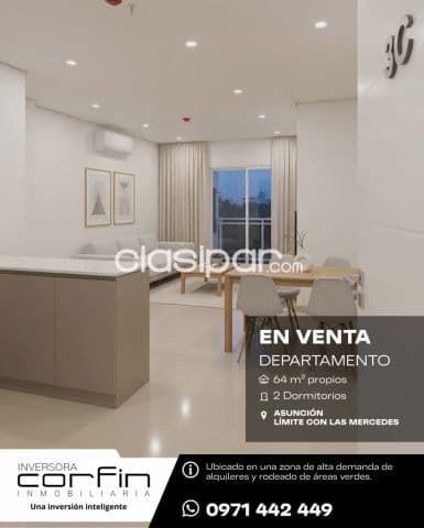 Departamento de 2 dormitorios, 64 m², cochera, límite con Las Mercedes - Asunción
