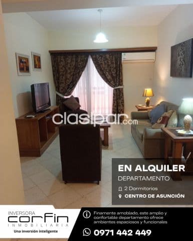 Céntrico, amplio y confortable departamento amoblado de 2 dormitorios. Sin cochera