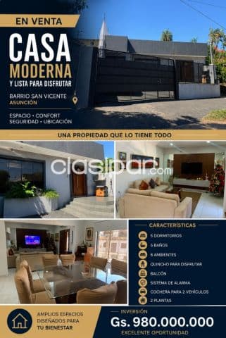 Asunción, Bo. San Vicente - Casa moderna de 5 dormitorios