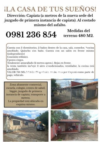Dueño vende casa en capiata a metros del poder judicial de capiata, cuenta con un salon, foto 1