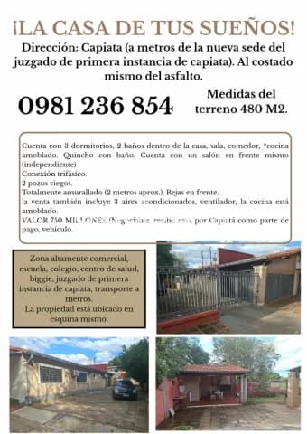 Dueño vende casa en capiata a metros del poder judicial de capiata, cuenta con un salon, foto 2