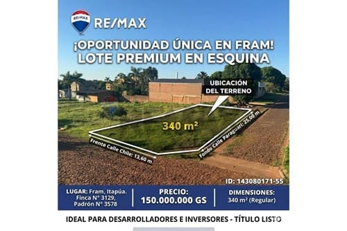 Venta de terreno en esquina - fram, itapúa