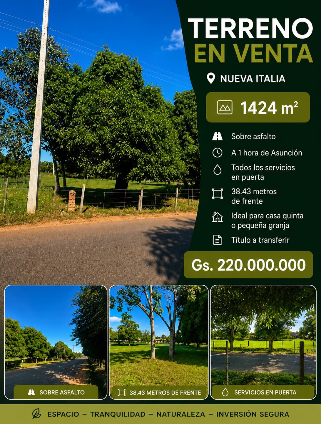 Venta De Terreno De 1424 M2 En Nueva Italia, Sobre Asfalto