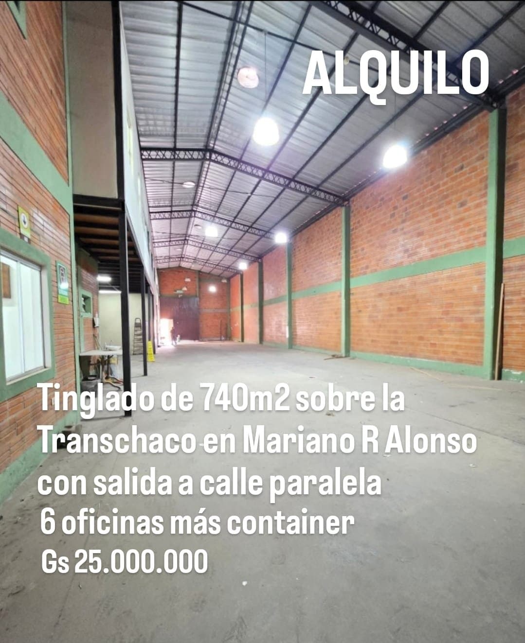 Alquilo tinglado de 740 m2 en Mariano Roque Alonso sobre la ruta transchaco y con salida a la calle paralela