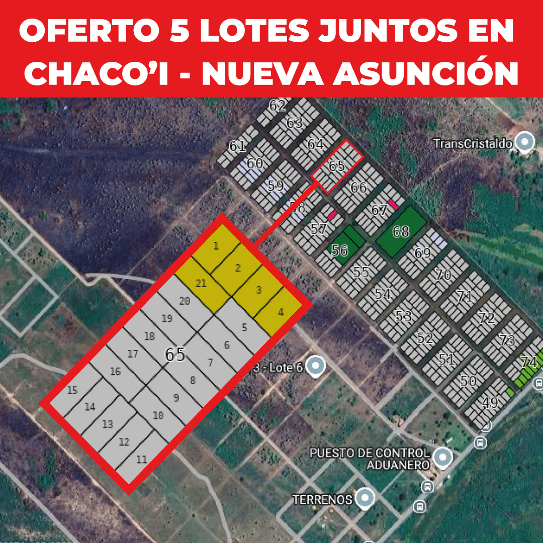 Oferto 5 Lotes juntos en Chaco'i - Nueva Asunción