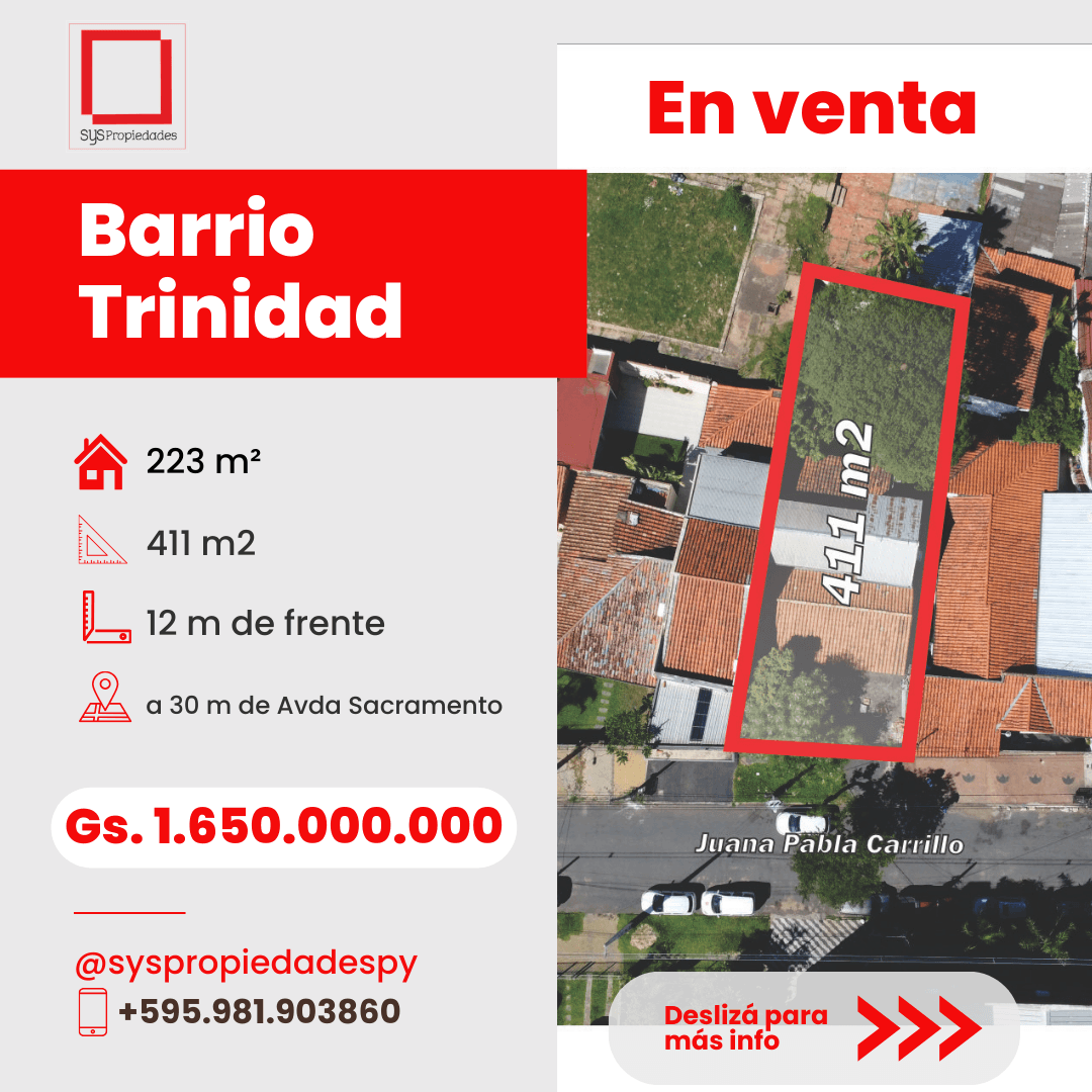 Trinidad - a 30 mts de avda. Sacramento - 411 m2 de terreno