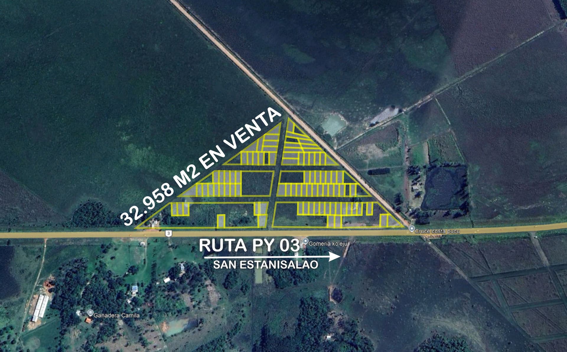 Terreno de 32.958 m2 fraccionado en 84 lotes en san estanislao en venta