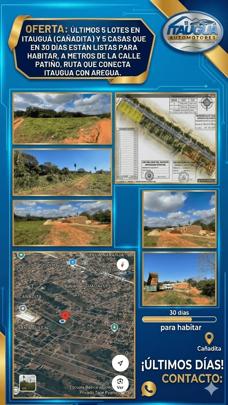 ¡Última Oportunidad! Exclusivos 5 Lotes y 5 Casas a Estrenar en 30 Días en Itauguá, Barrio Cañadita. Ubicación Estratégica a Metros de Ruta Patiño y a Solo 1 KM de Ruta 2