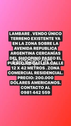 Lambare. Vendo terreno sobre la avenida republica argentina zon shopping paseo el pueblo