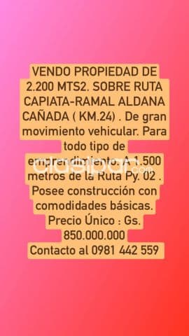 Capiata. Vendo propiedad de 2.200 mts2. Sobre ruta ramal aldana cañada a ruta py 01