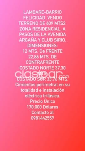 Lambare-barrio felicidad vendo amplio terreno de 608 mts2. Zona club sirio y av. Argaña