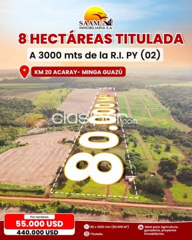 8 hectáreas en venta en km 20 acaray minga guazú